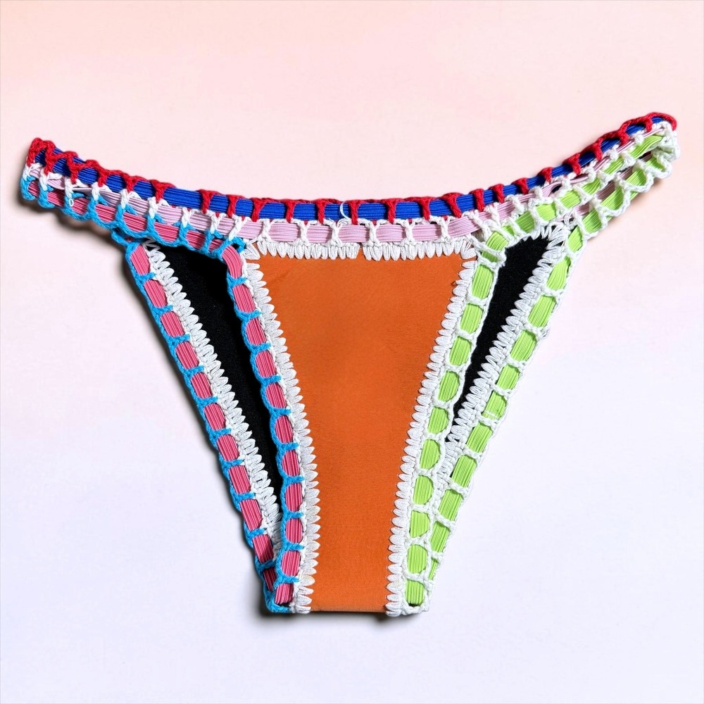 Kiini Style Crochet Trim Colorblock Bikini Bottom Orange Black Multi Size M